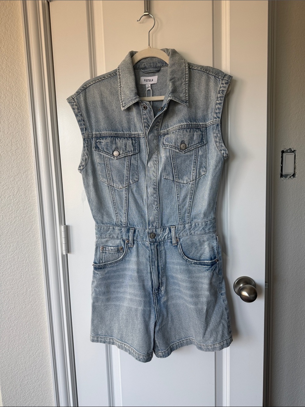 pistola light blue denim sleeveless romper